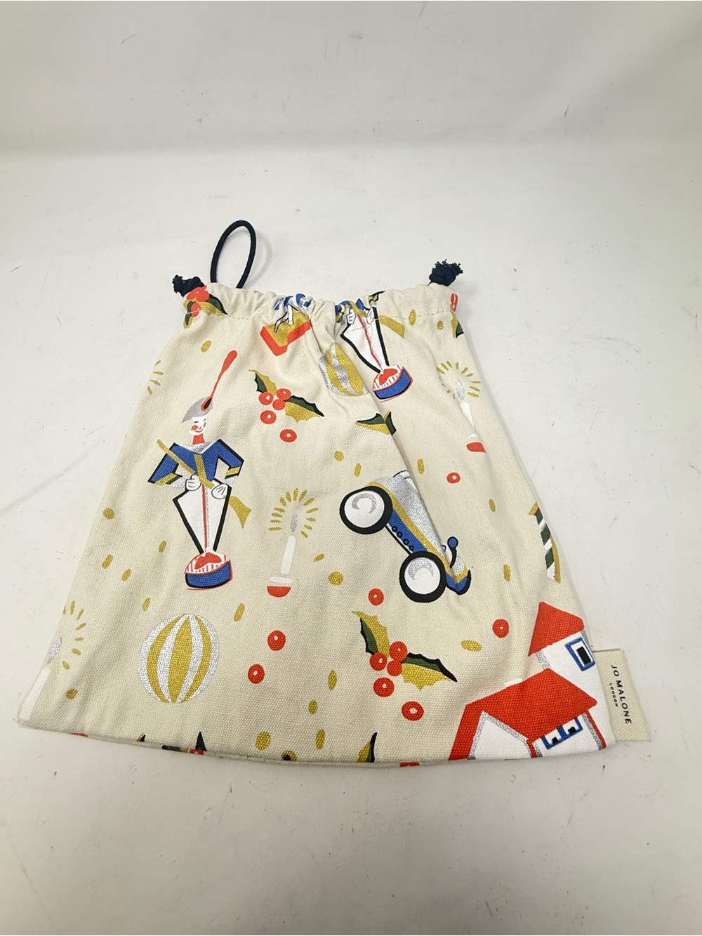 JO MALONE Christmas Holiday Design Drawstring Pouch Bag 100% Cotton 10” X 10”